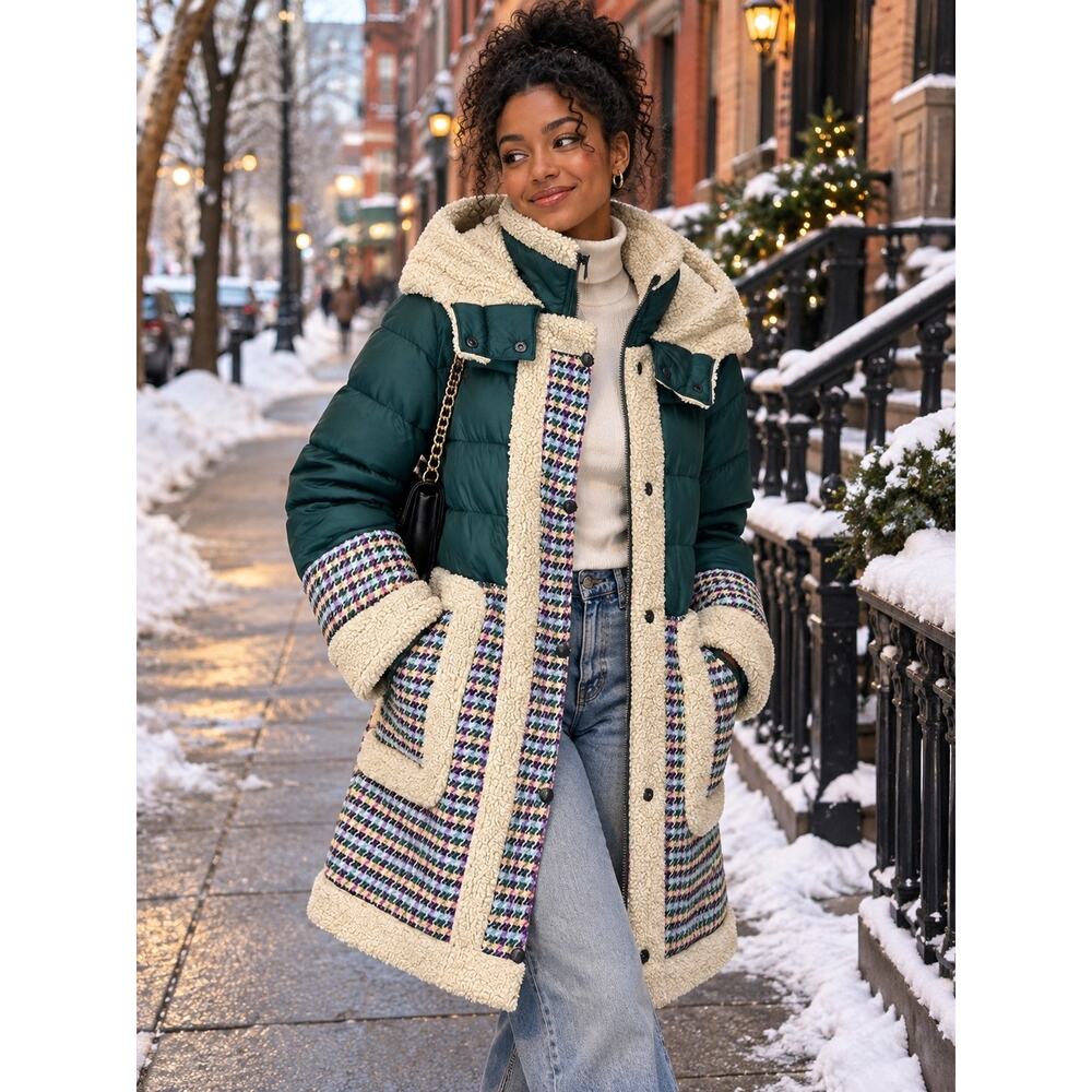 Sam Edelman Puffer Coat Womens L Teal Houndstooth Sherpa Hood Long Winter - Picture 2 of 13